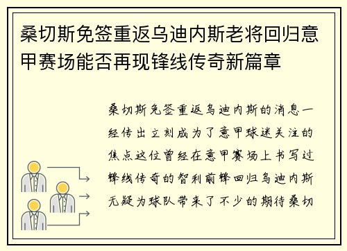 桑切斯免签重返乌迪内斯老将回归意甲赛场能否再现锋线传奇新篇章
